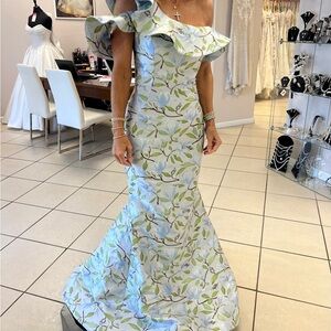 One-Shoulder Floral Mermaid Dress in Light Blue and Green by